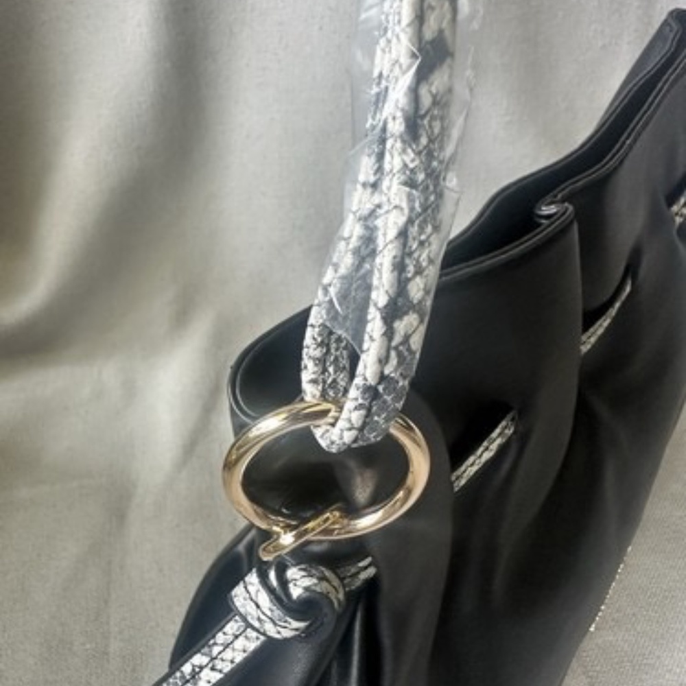 BADGLEY MISCHKA Vegan Drawstring Purse Snake Trim Crossbody New Black - Picture 6 of 13